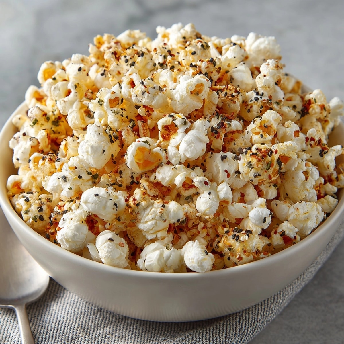 Homemade Everything Bagel Popcorn: warm, golden kernels, seasoned perfectly, ready to serve.