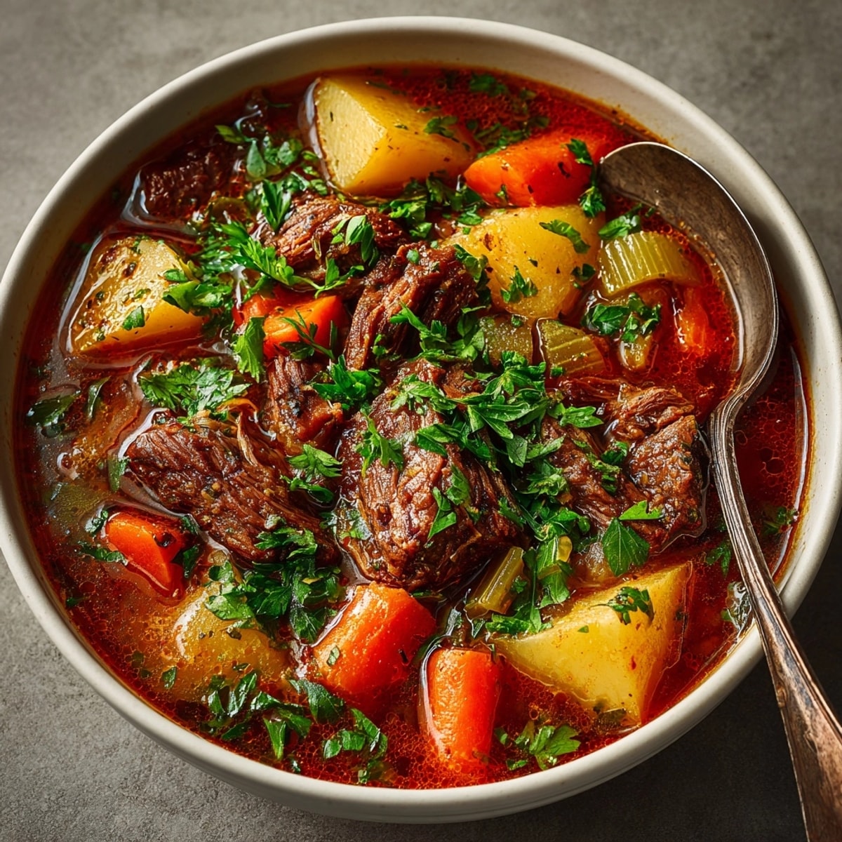 Rustic bowl of comforting Hearty Beef & Vegetable Stew, ready to be served.