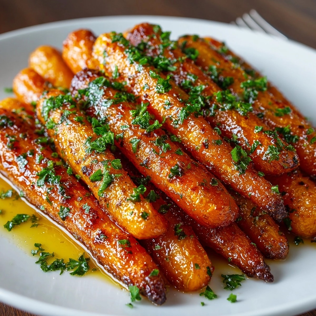 Maple Glazed Roasted Carrots, glistening with a sweet glaze, fresh thyme sprigs visible.