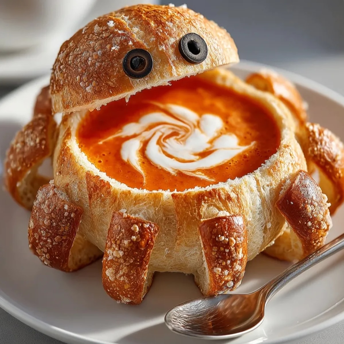 Homemade Spider Bread Bowl filled with creamy tomato soup, a spooky, savory delight.