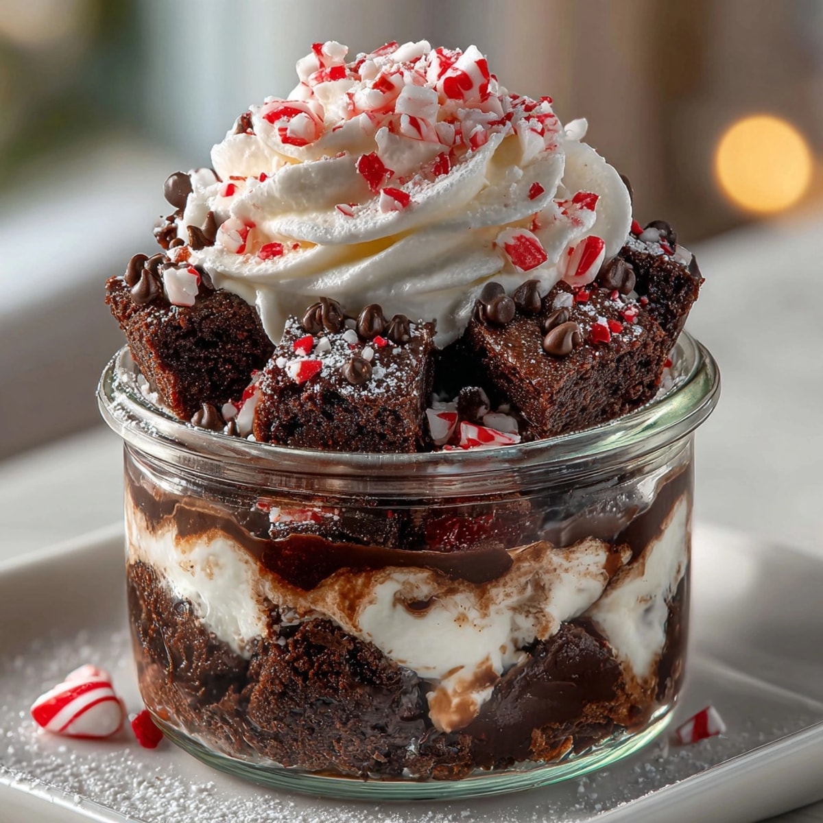 Individual Candy Cane Brownie Trifle Jar filled with fudgy brownie and peppermint deliciousness.