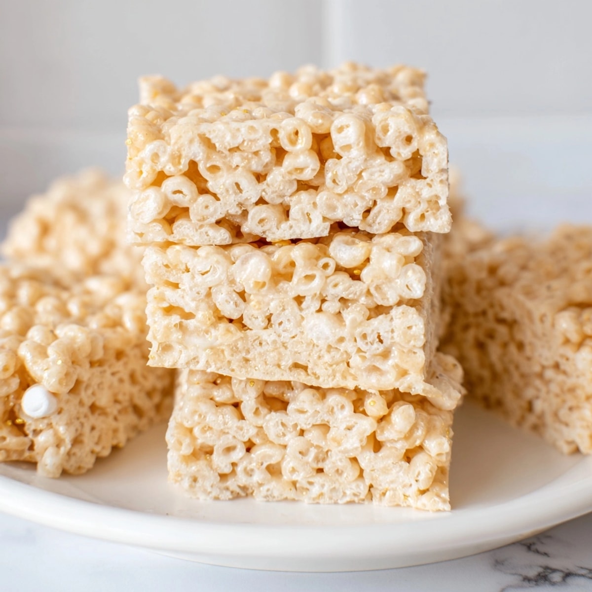 Homemade Rice Krispie Treats: gooey marshmallow and crispy cereal squares cooling on parchment.