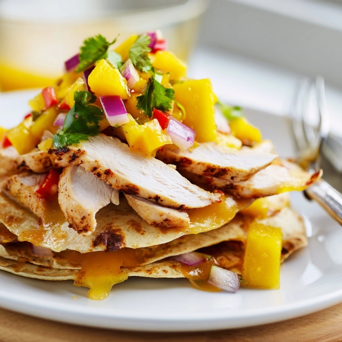 Savory Mango BBQ Chicken Tortilla Stacks: layers of tangy-sweet flavor and cheesy goodness.