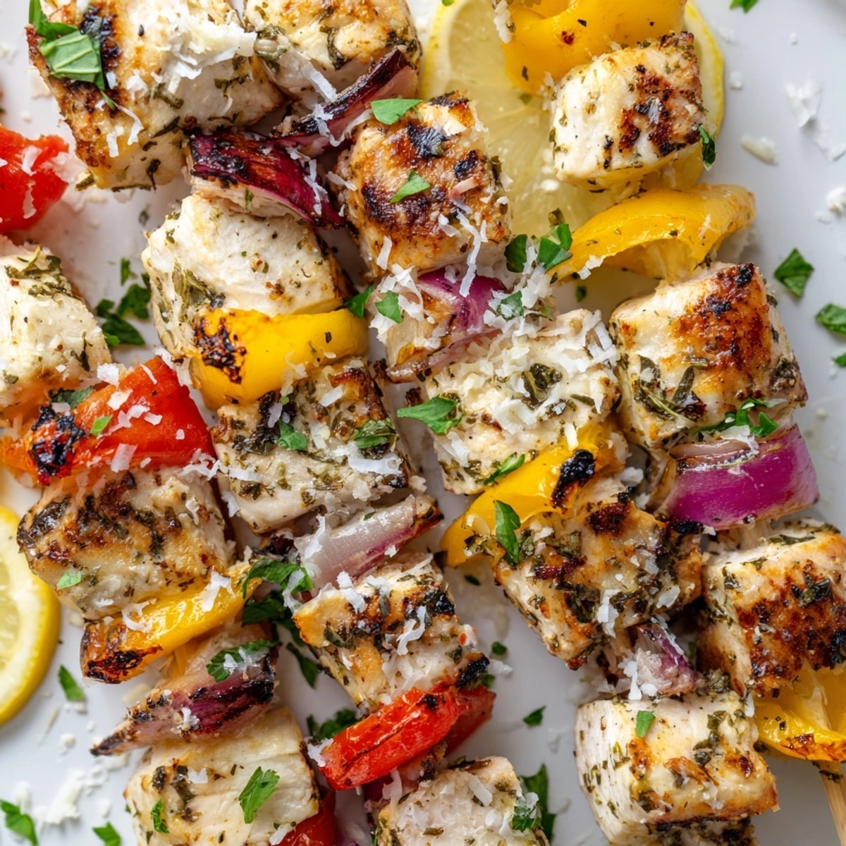 Delicious, easy Garlic Parmesan Chicken Kabobs, golden and juicy, ready for a summer picnic.