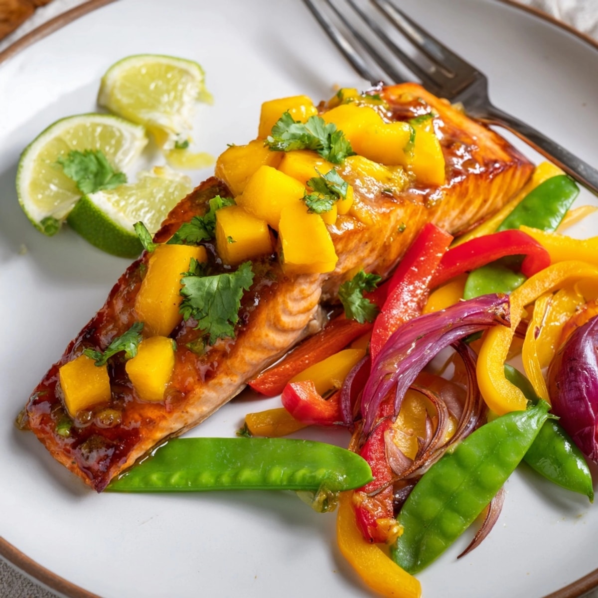 Juicy Mango Lime Salmon Sheet Pan with vibrant peppers, ready to enjoy.