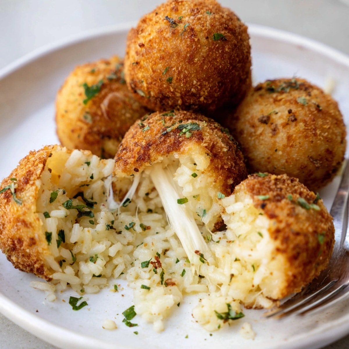 Golden fried cheesy garlic potato rice balls, crispy outside and cheesy within.