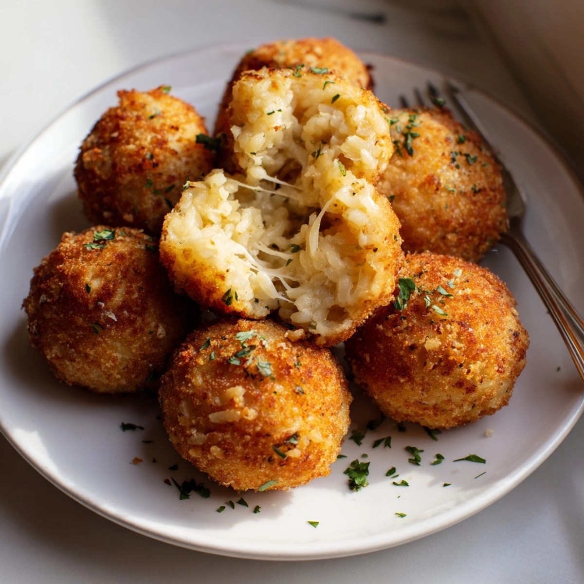Homemade cheesy garlic potato rice balls being fried to a golden brown perfection.