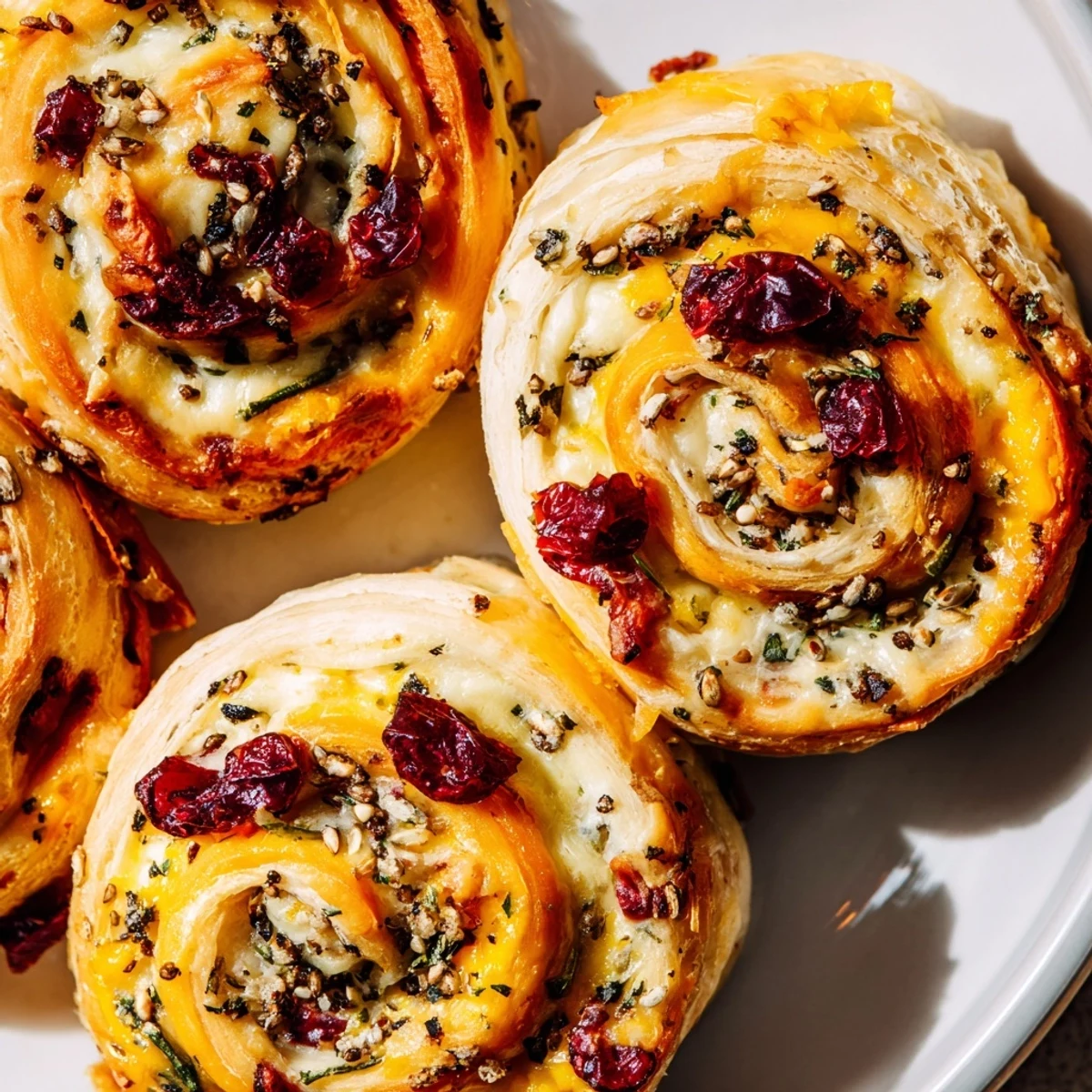 Flaky cranberry jalapeño cheddar swirls, golden-brown and bursting with flavor.  