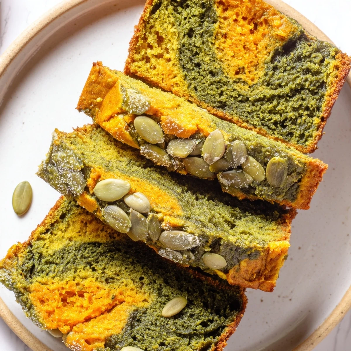 Sliced matcha pumpkin spice muffin loaf garnished with pumpkin seeds and warm spices.  