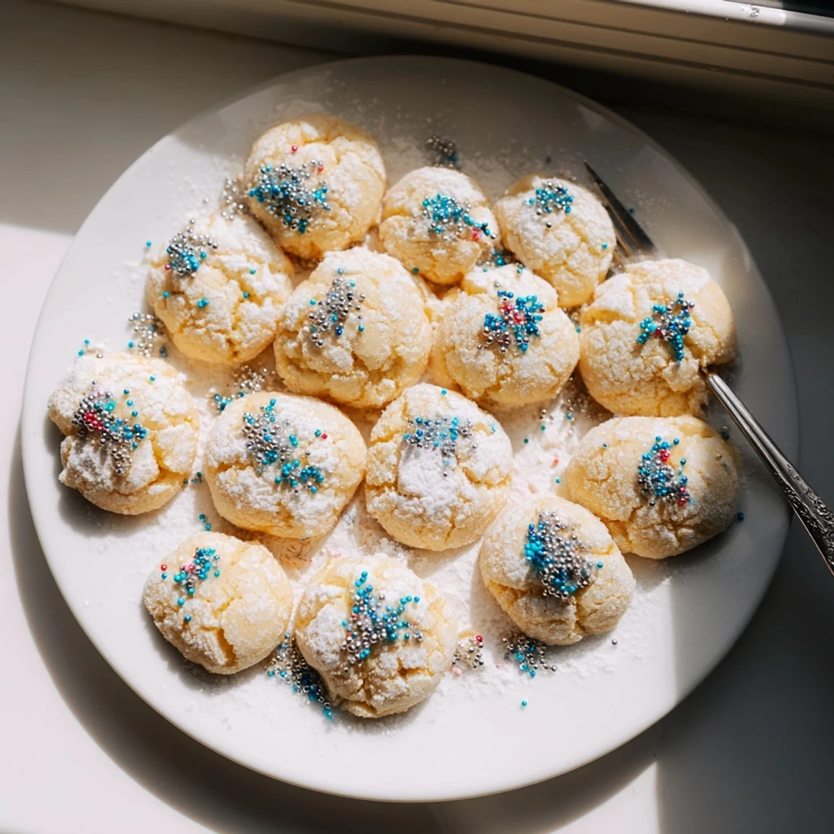 Light and fluffy Festive Hanukkah Puffed Christmas Cookies topped with colorful sprinkles.  