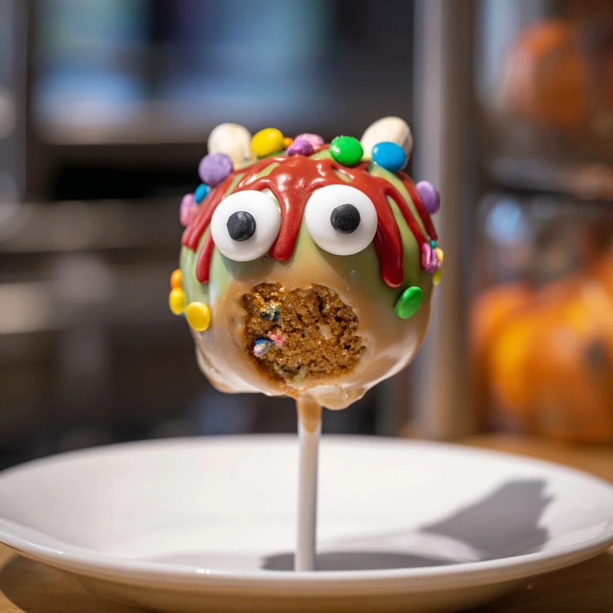 Colorful Caramel Apple Cinnamon Monster Cake Pops, perfect for festive fall gatherings and parties.