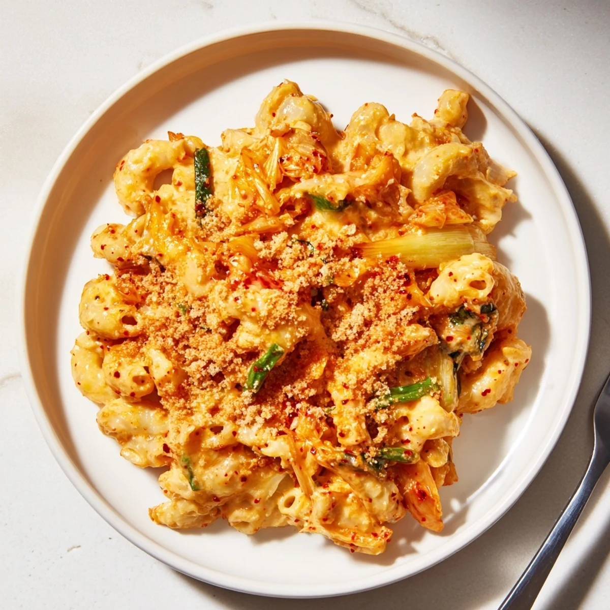 Creamy Spicy Kimchi Mac & Cheese topped with crunchy sesame for a unique flavor.  