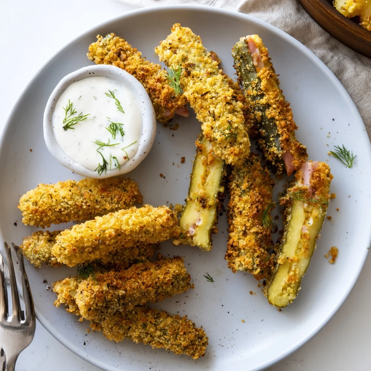 Delicious pickle lovers meal featuring crunchy fried pickles and creamy ranch dipping sauce.  