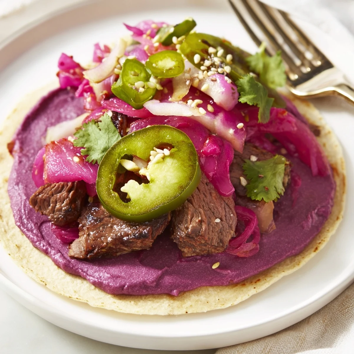 Vibrant fusion tacos with marinated protein, ube crema, and crispy kimchi toppings.