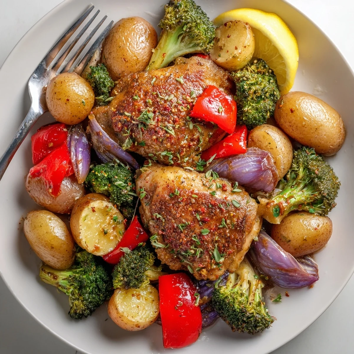 Juicy Lazy Gourmet Chicken & Vegetable One-Pot dish with vibrant broccoli and peppers.  