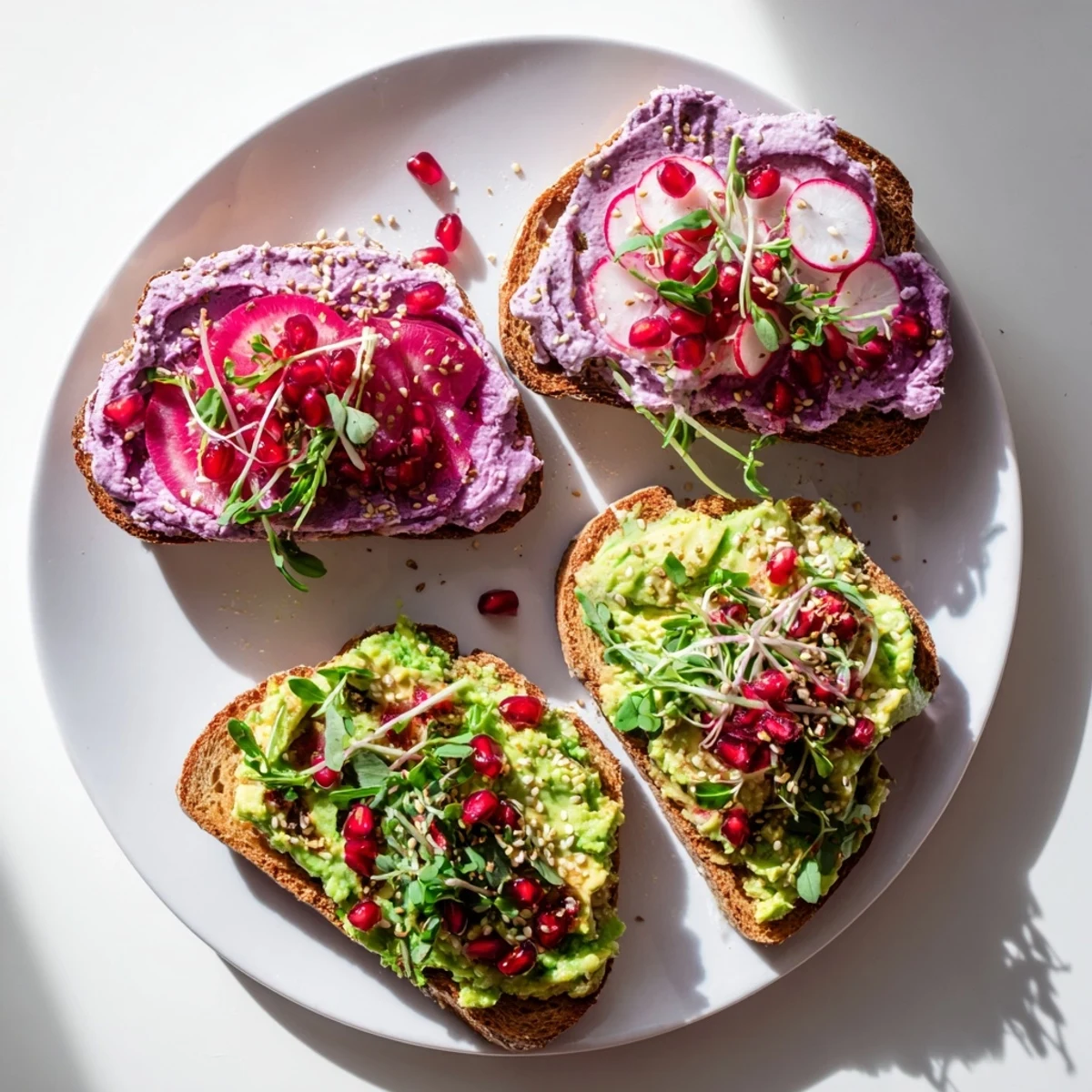 Vibrant Bright & Bold Breakfast Toasts topped with ube, avocado, and fresh radishes.  