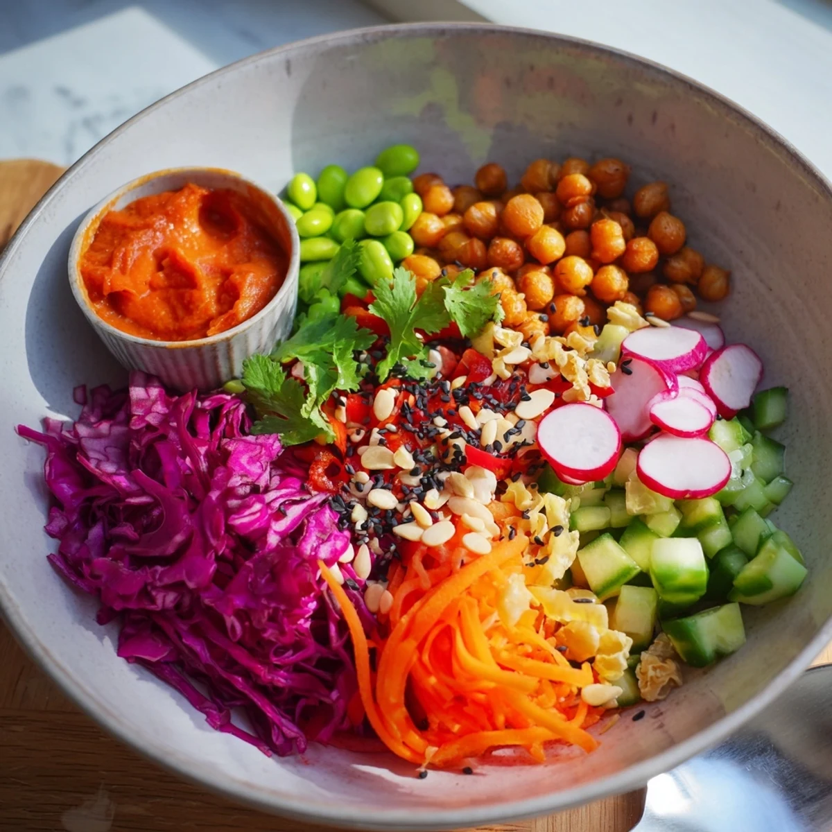 A colorful ASMR Crunch Snack Bowl bursting with freshness and diverse textures.  