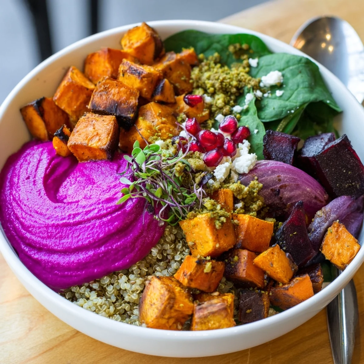 Cozy spiced winter bowls with roasted veggies, ube-coconut purée, and crunch.  