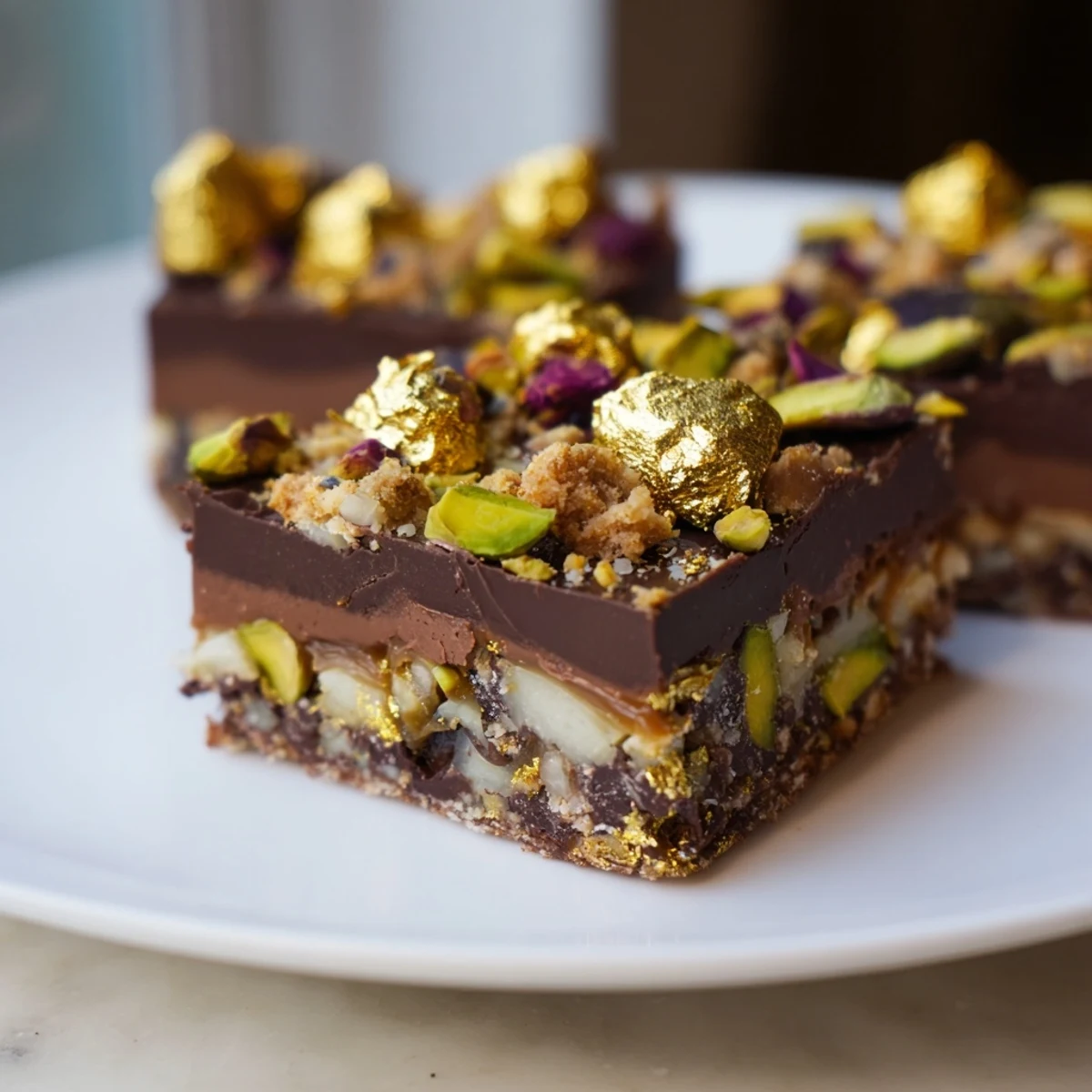 Decadent chocolate bar inspired creations topped with spiced date caramel and crunchy layers.  