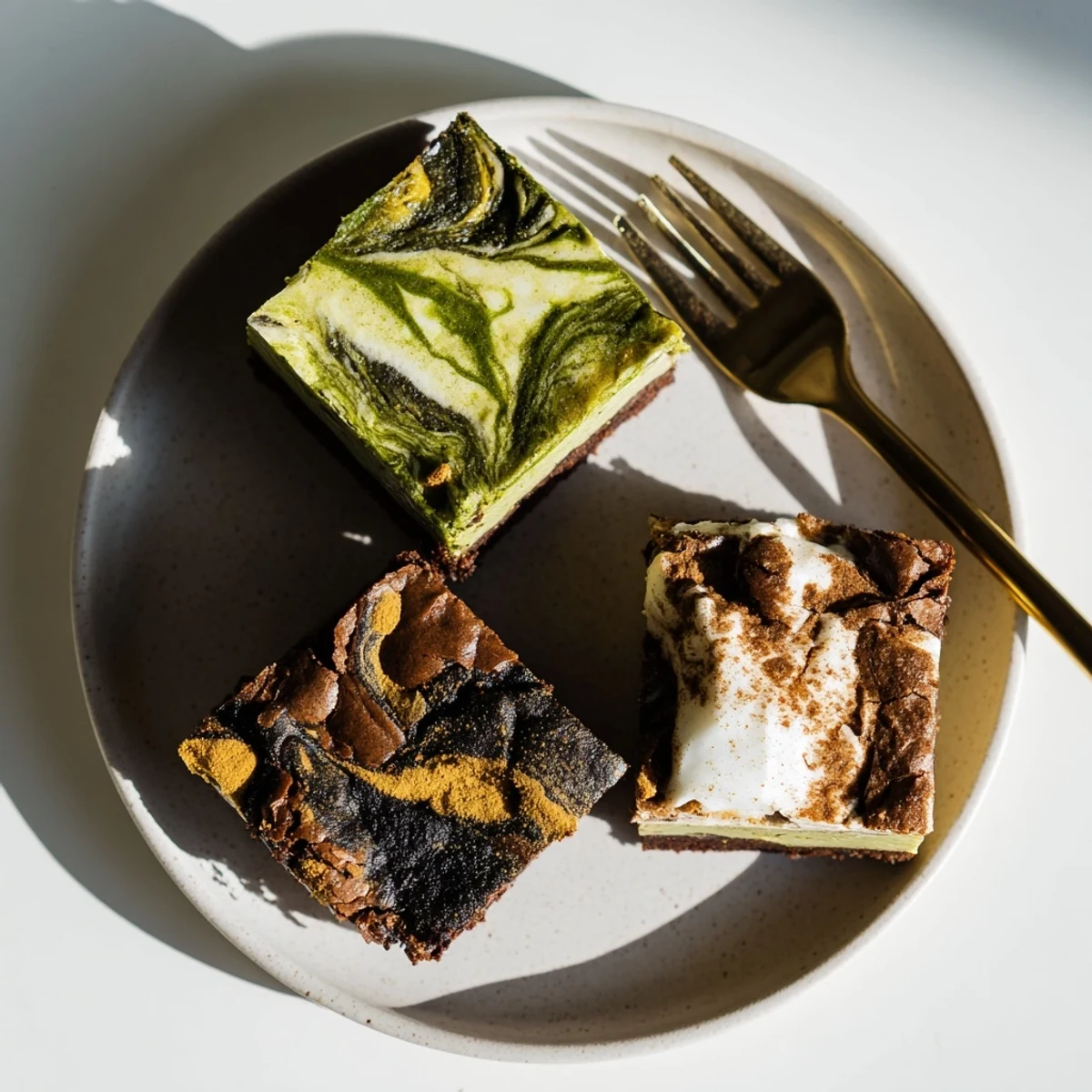 Delightful Global Dessert Mash-Ups featuring matcha-miso brownies topped with creamy chocolate.  