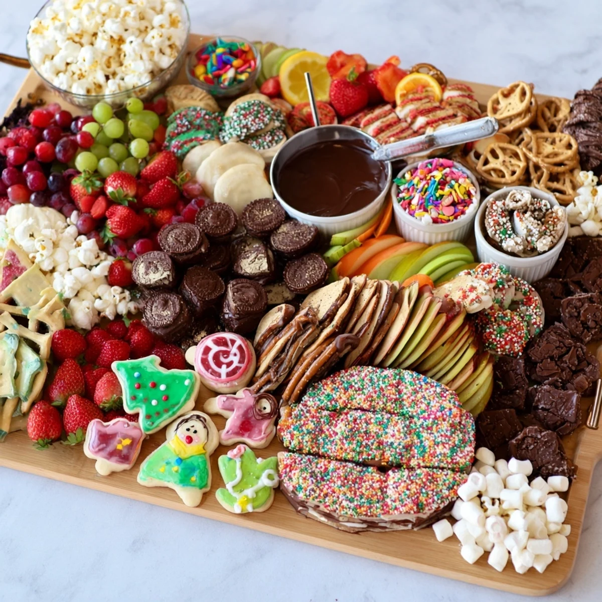 Customizable dessert board featuring cookies, fruits, and sumptuous chocolate dips.  