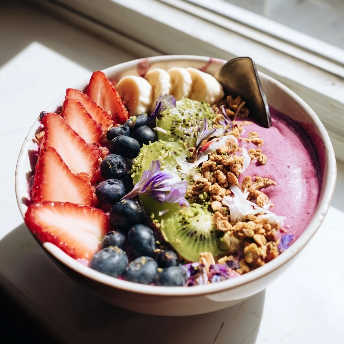 Delicious smoothie bowls topped with berries and pistachios, perfect for a healthy start.  