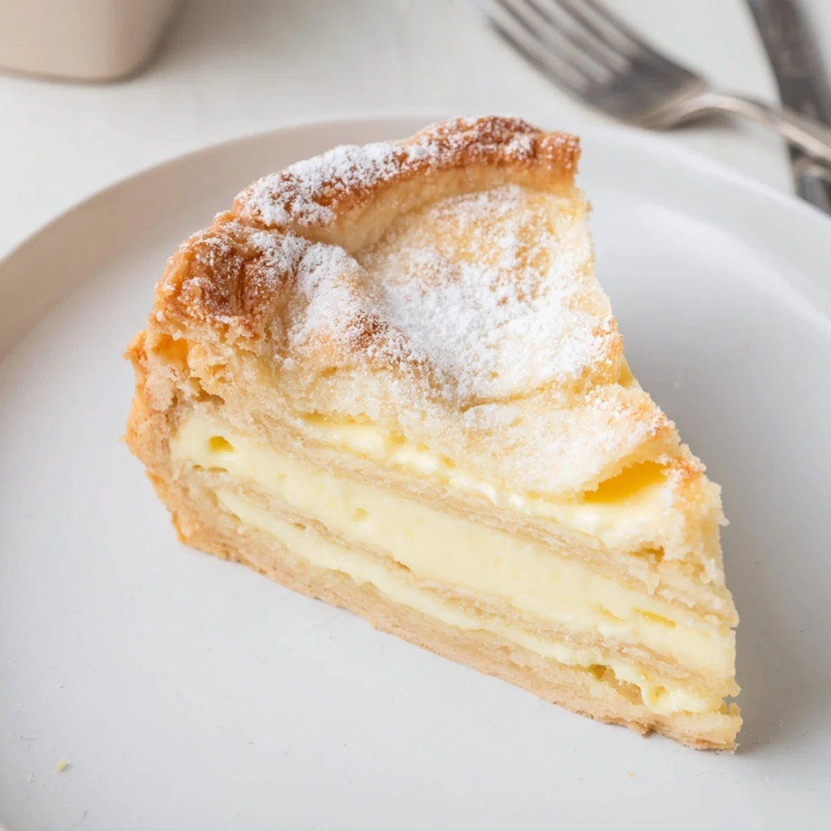 Delicious water pie cooling on the counter, showcasing its golden crust and creamy filling.  