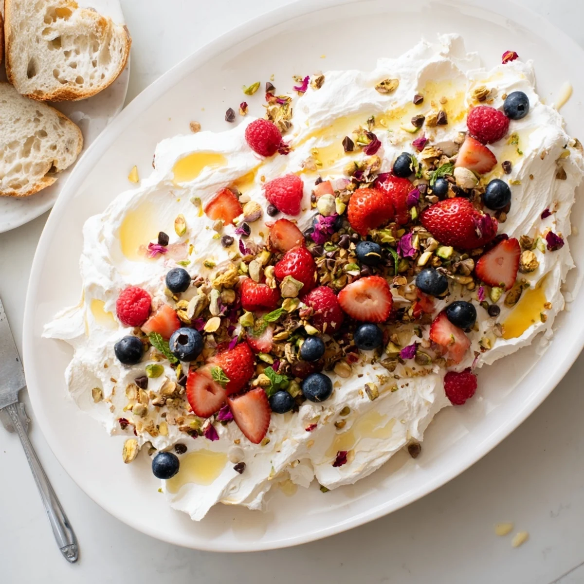 Indulgent Butter Board Dessert Version featuring creamy cheese and colorful fruit toppings.  