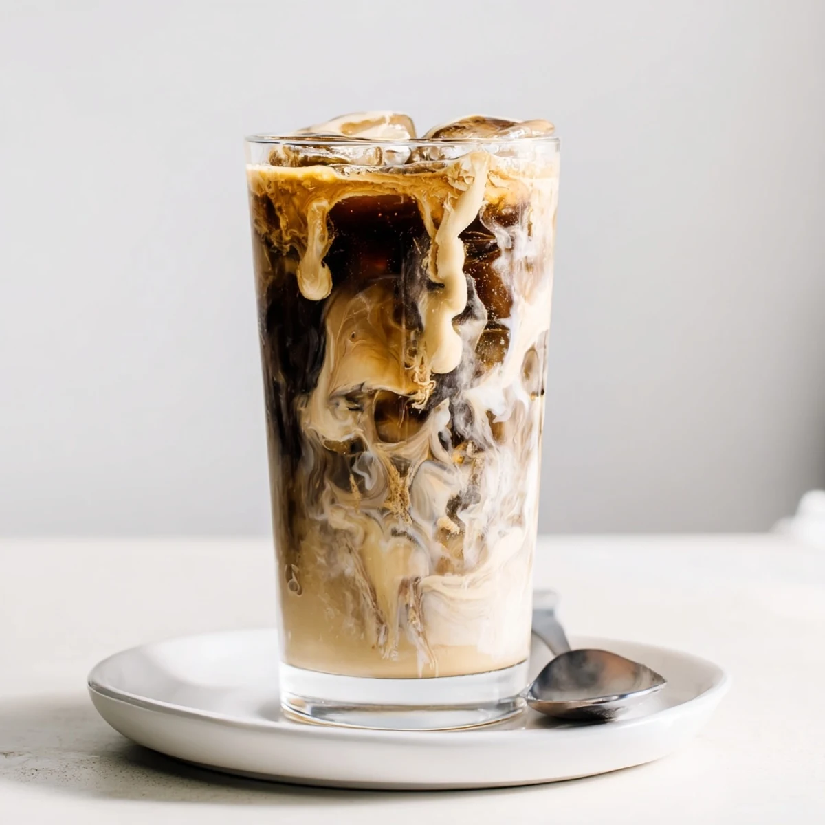 Creamy tahini iced coffee topped with plant-based milk and ice cubes.  