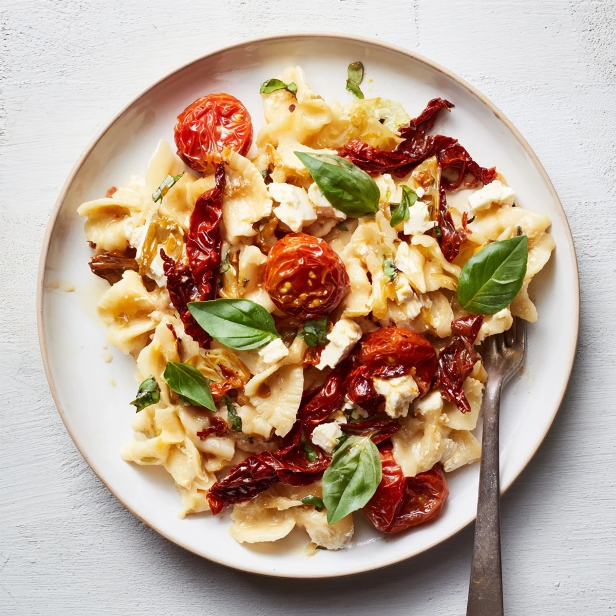 Delicious Baked Feta Pasta, bursting with flavor from sun-dried tomatoes and garlic.  