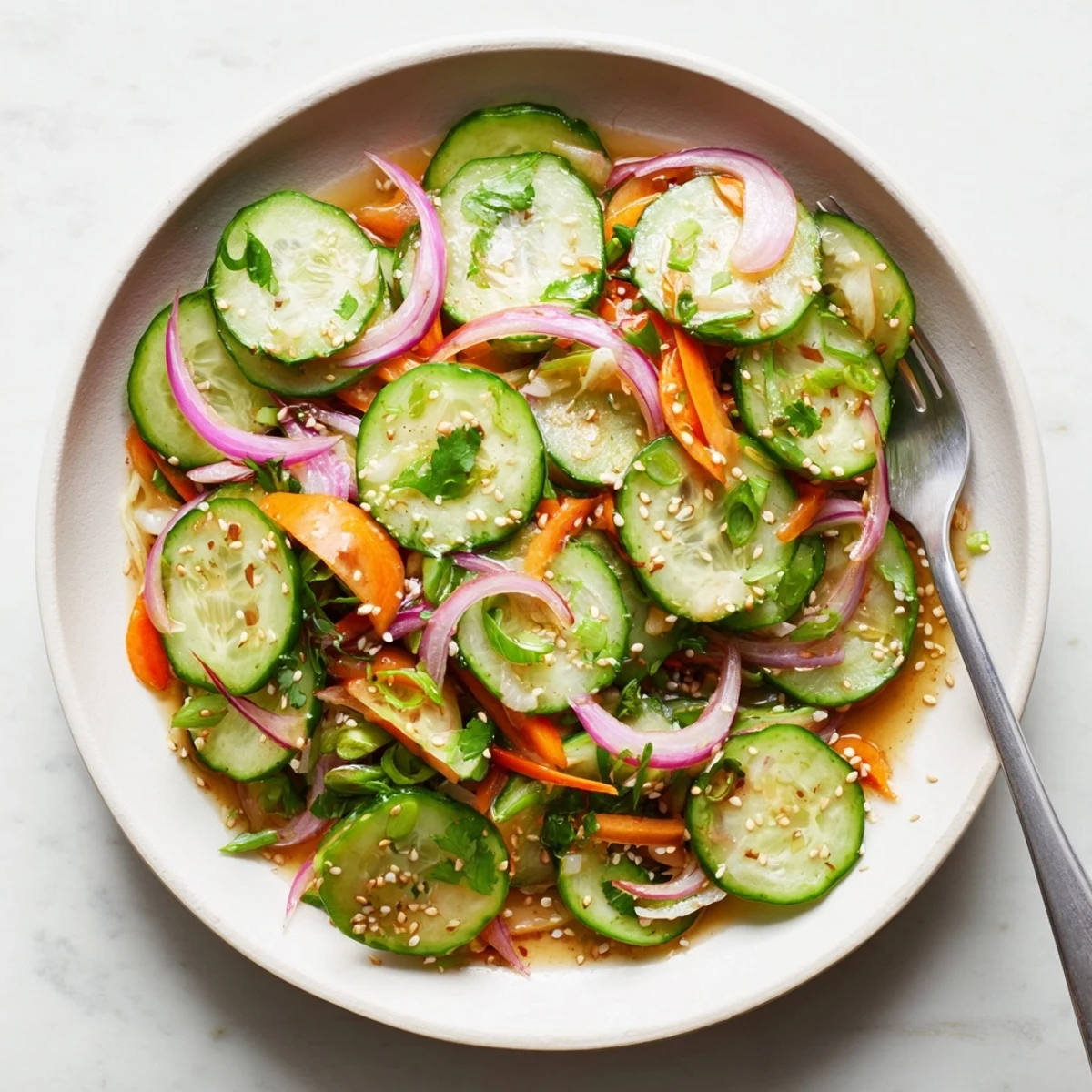 Cucumber Salad Remix with crunchy veggies and a savory sesame dressing drizzled on top.  