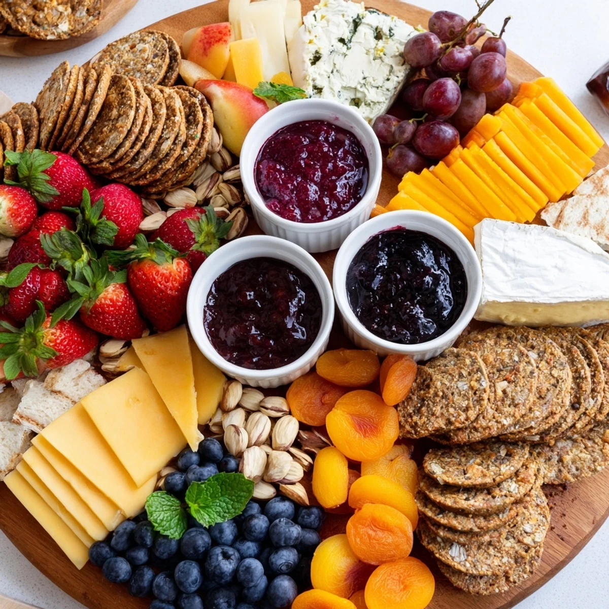 A beautifully arranged jam-infused brunch board featuring vibrant fruits and cheeses.