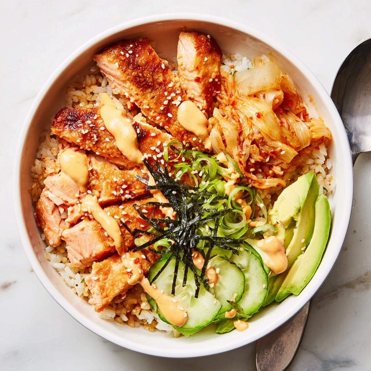 A colorful crispy salmon rice bowl topped with spicy mayo and fresh vegetables.  