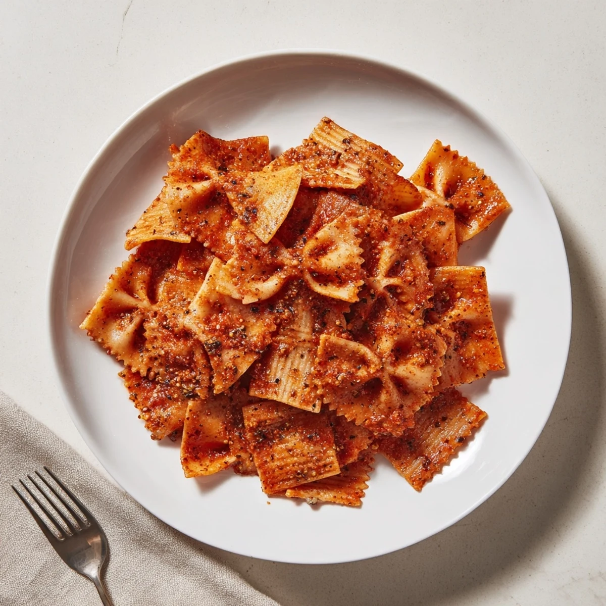 Crispy pasta chips seasoned with garlic and paprika, perfect for snacking.  