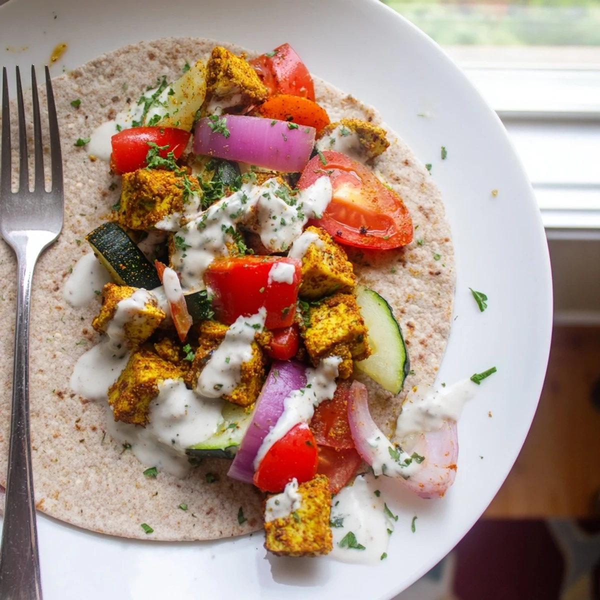 Vibrant Vegan Viral Recipe featuring roasted tofu and fresh garden vegetables wrapped in pita.  
