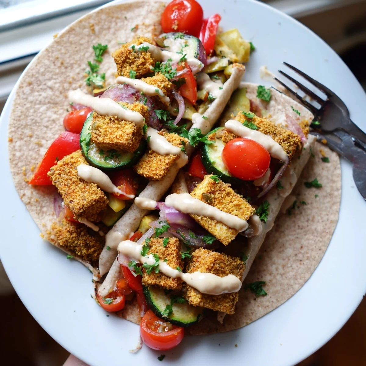 Colorful plant-based Vegan Viral Recipe with golden tofu, cherry tomatoes, and zesty sauce.  