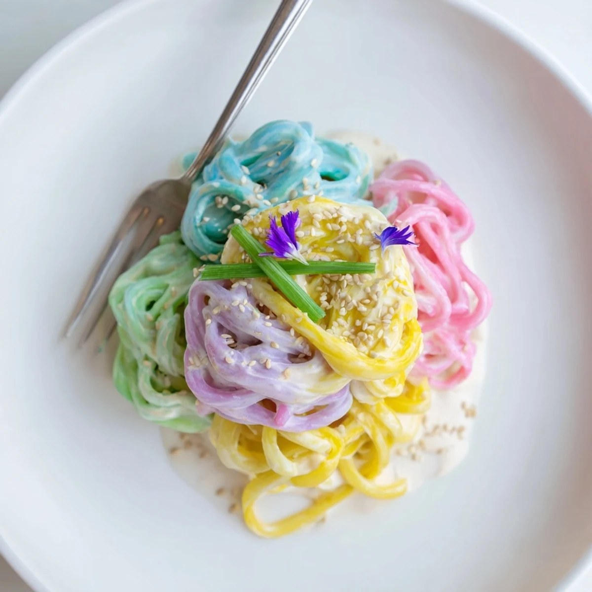 Vibrant Neon Noodle Cloud dish drizzled with creamy sauce and colorful garnishes.  