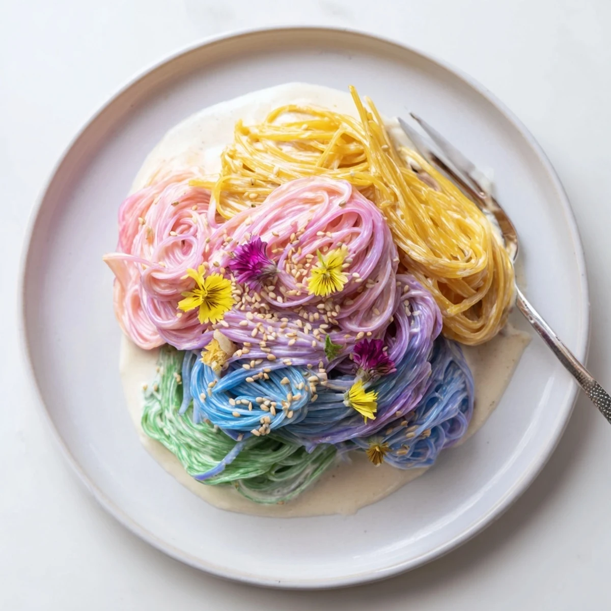 Colorful Neon Noodle Cloud with creamy sauce, garnished with scallions and sesame seeds.