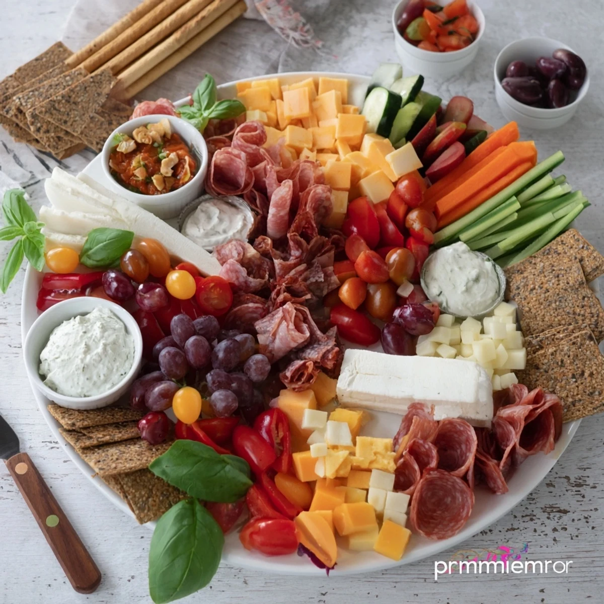 A vibrant Girl Dinner Platter filled with cheeses, fruits, and colorful dips.  
