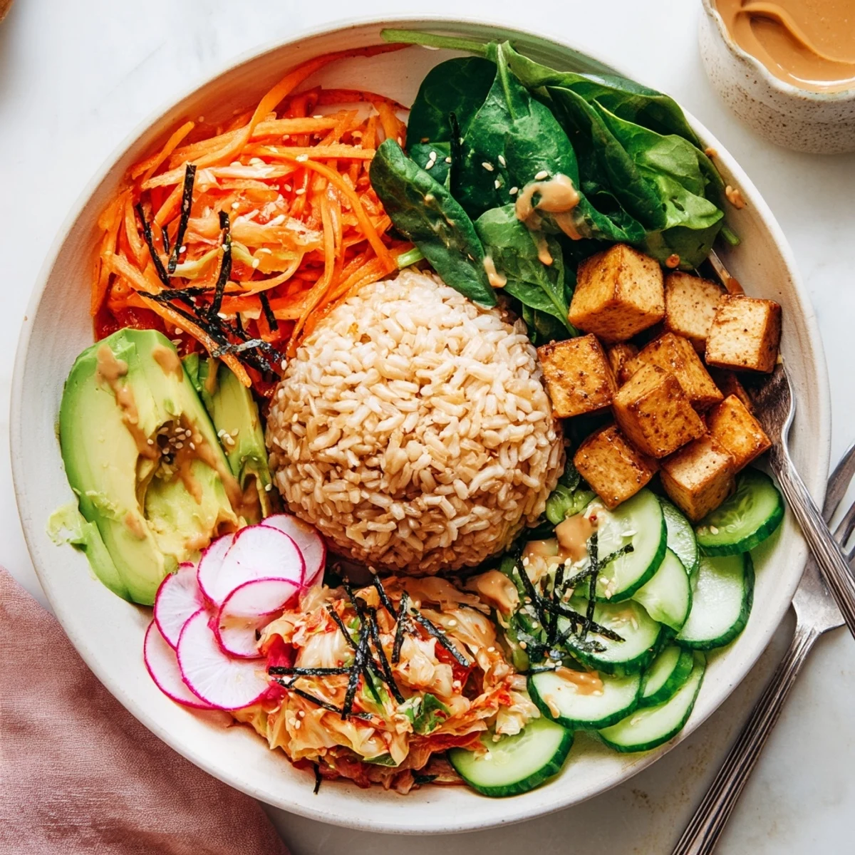 Nourishing fermented vegetable bowl combining crunchy veggies, kimchi, and flavorful grains.
