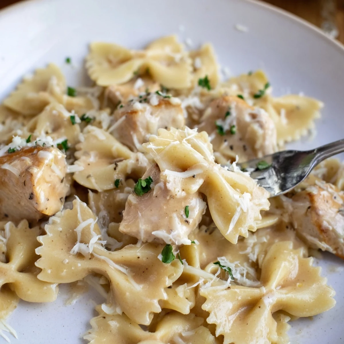 Savory Mozzarella Garlic Butter Chicken Bowties topped with melted cheese and fresh herbs.  