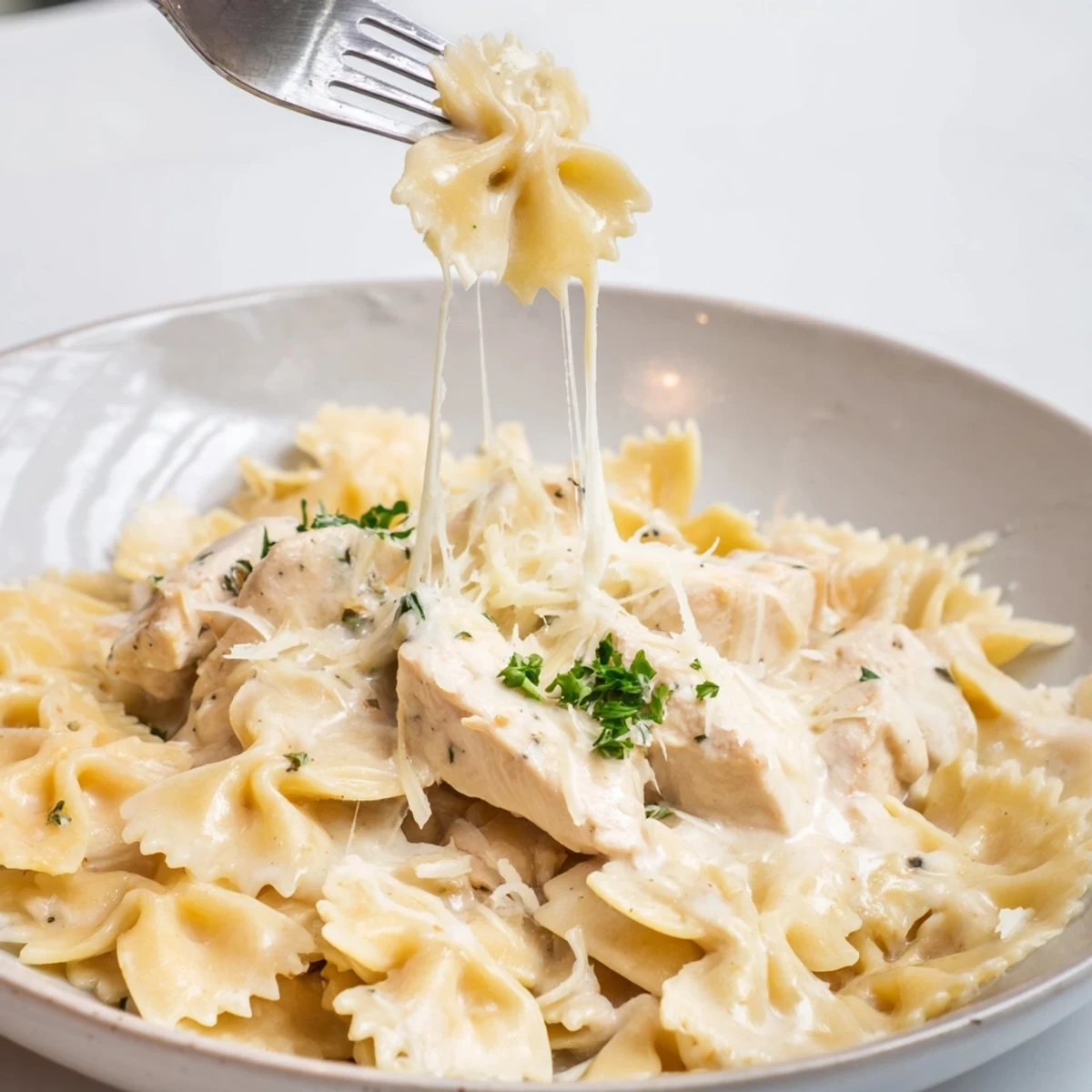 Comforting plate of Mozzarella Garlic Butter Chicken Bowties, garnished with parsley and Parmesan.