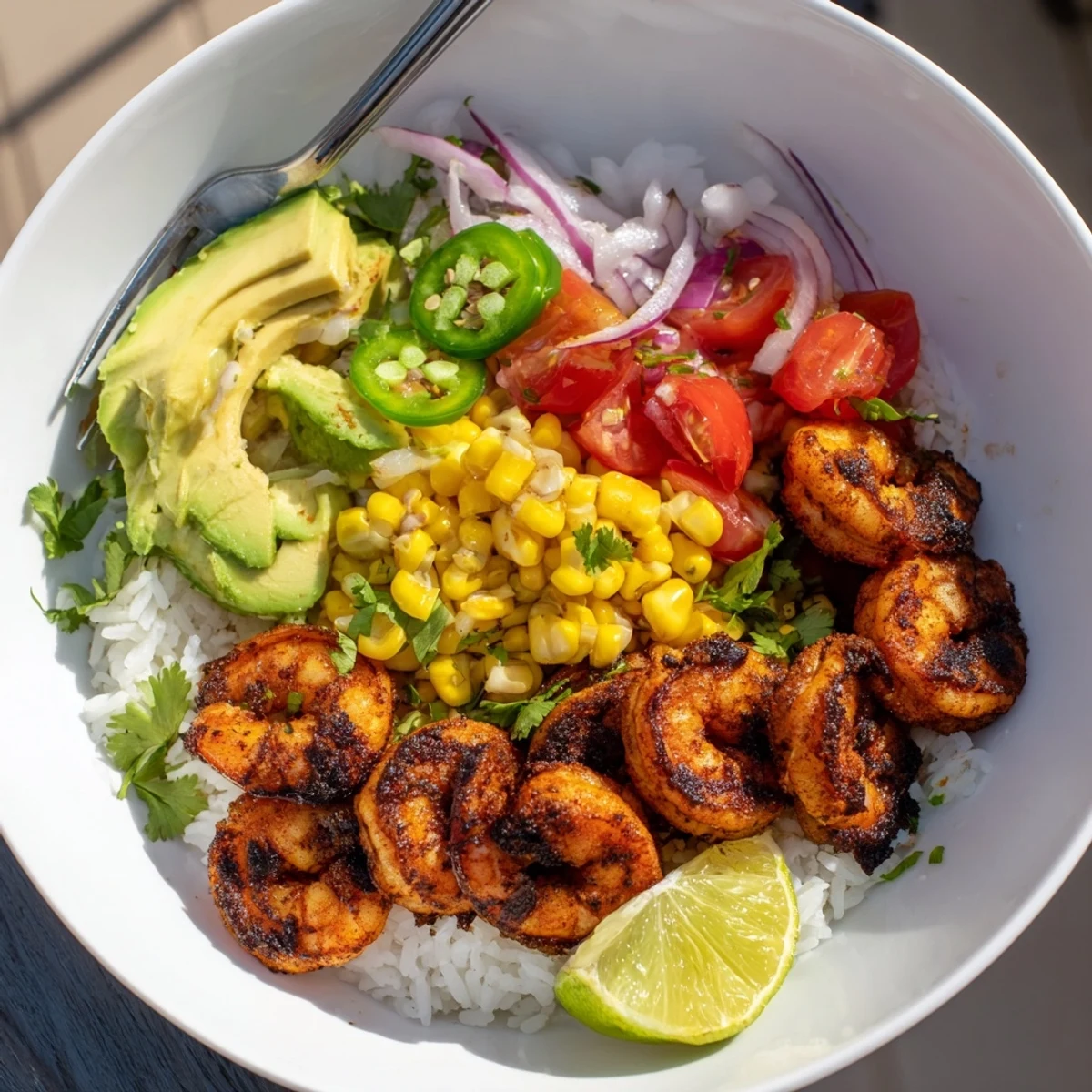 Vibrant shrimp bowl featuring zesty avocado corn salsa atop fluffy rice.  
