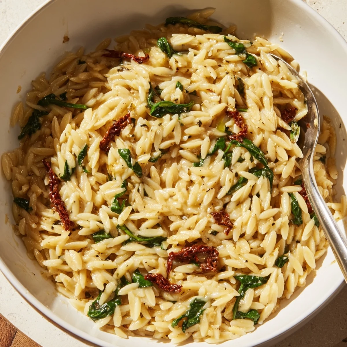A deliciously comforting Creamy Tuscan Orzo Bowl garnished with Parmesan cheese.  
