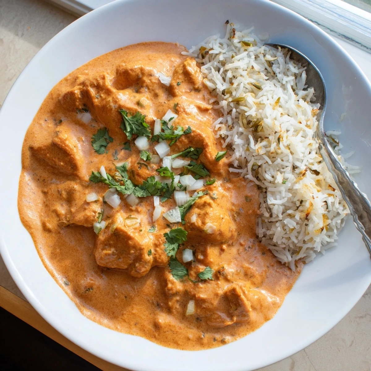 Tender butter chicken simmered in creamy tomato sauce served with fragrant rice pilaf.  