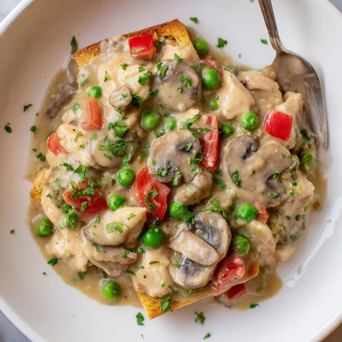 Creamy chicken à la king served over crispy buttered toast for dinner.  