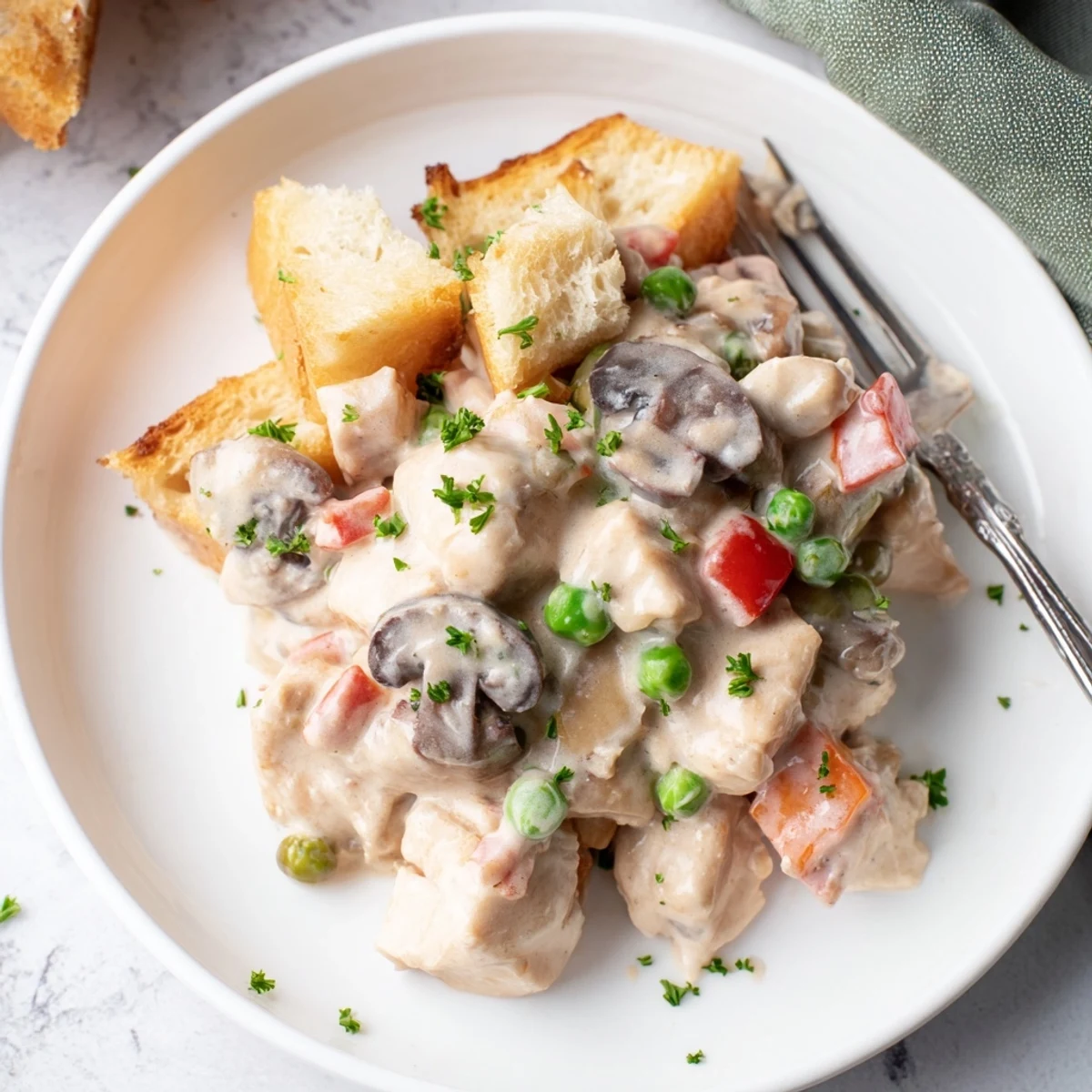 Hearty chicken à la king with mushrooms and peas on toasted bread slices.  