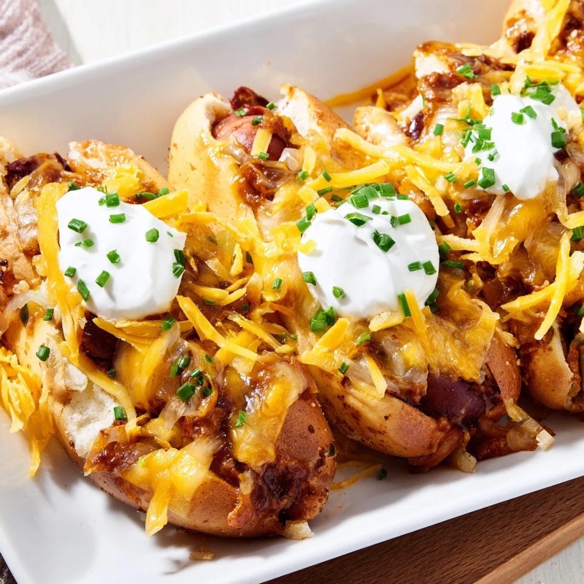 Steaming hot Chili Dog Casserole topped with melty cheese and fresh green chives, ready to serve.
