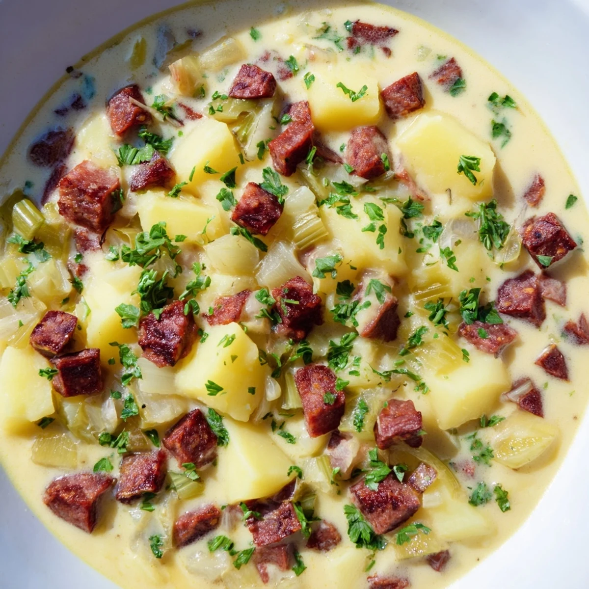 Steaming Potato, Leek & Chorizo Soup, rich with hearty chunks and creamy broth, ready for serving.