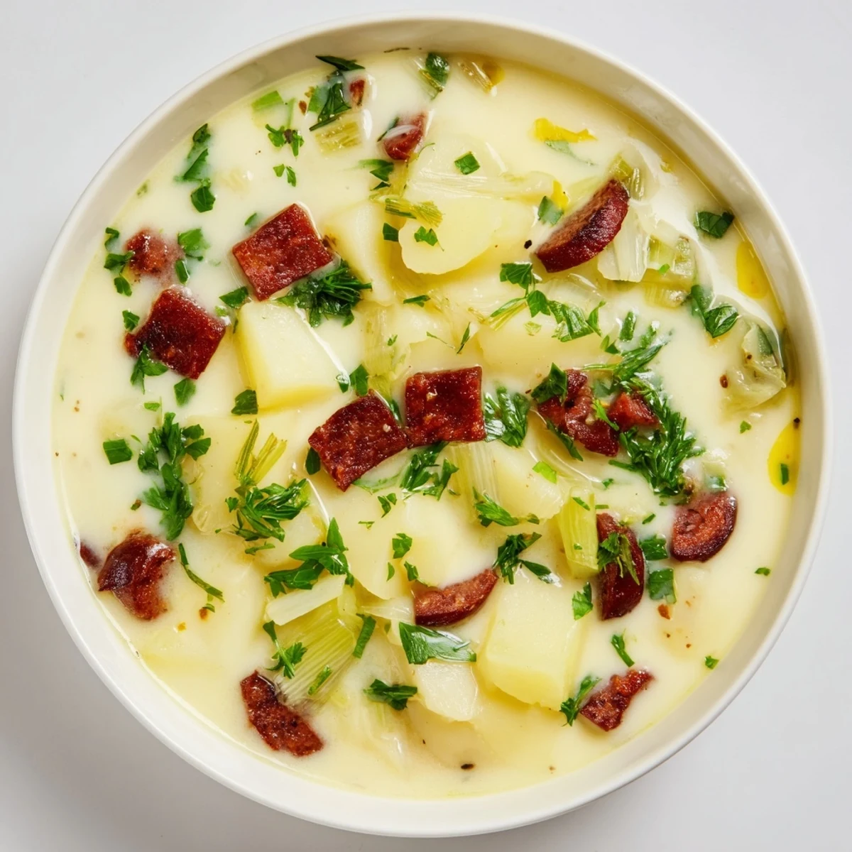 A close-up view of a warming bowl of Potato, Leek & Chorizo Soup with a sprinkle of parsley.